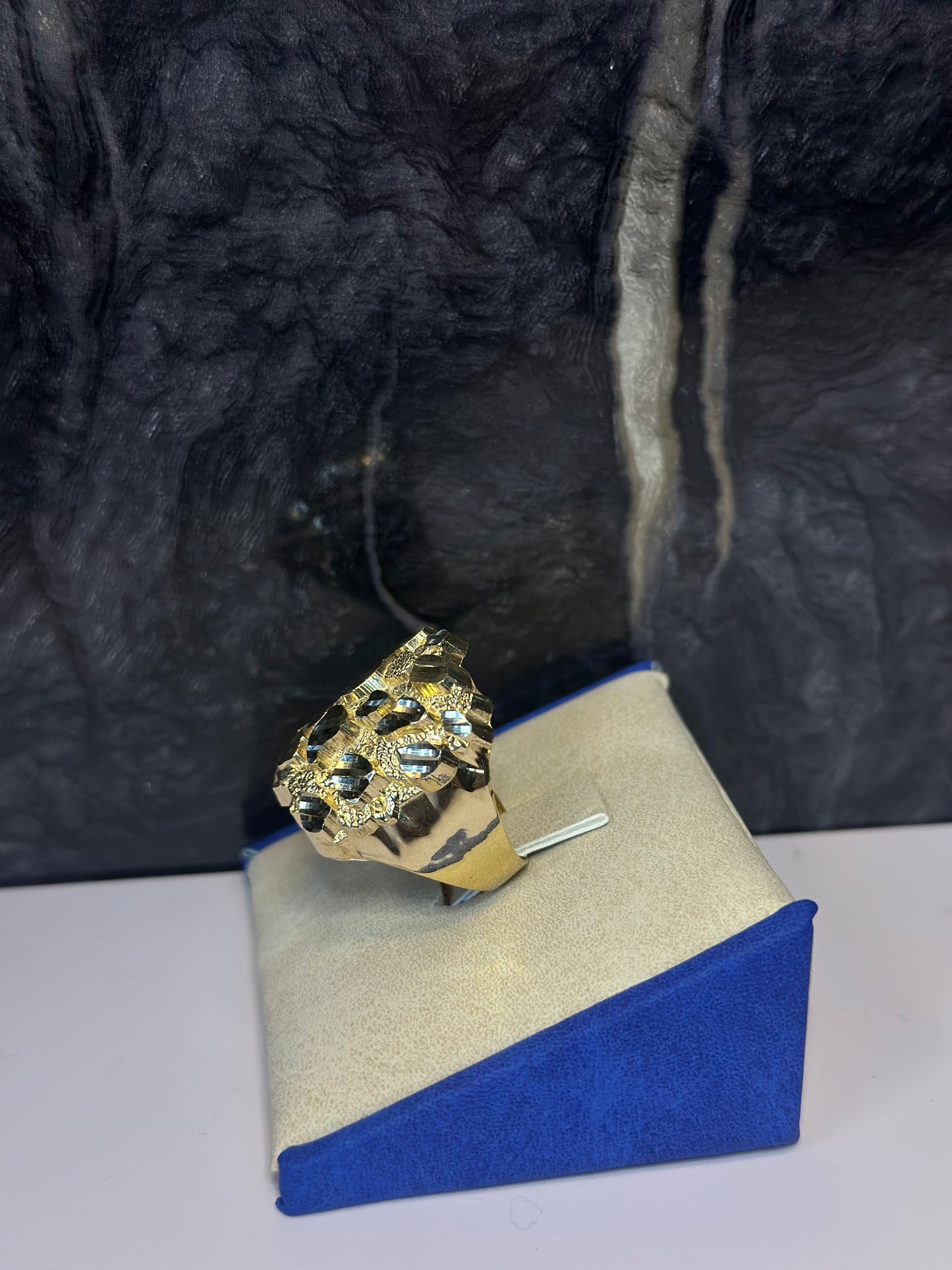 14K Long Square 3D Nugget Men Ring (Diamond Cut)