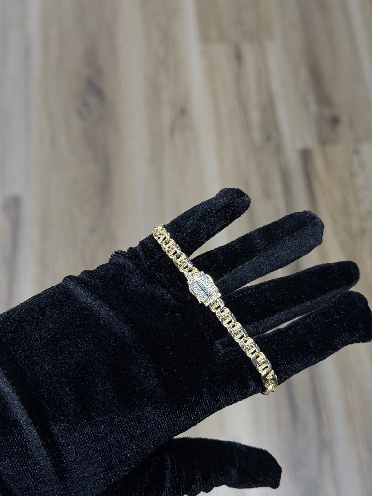 14K CZ Greek Key ID Chino Link Bracelet