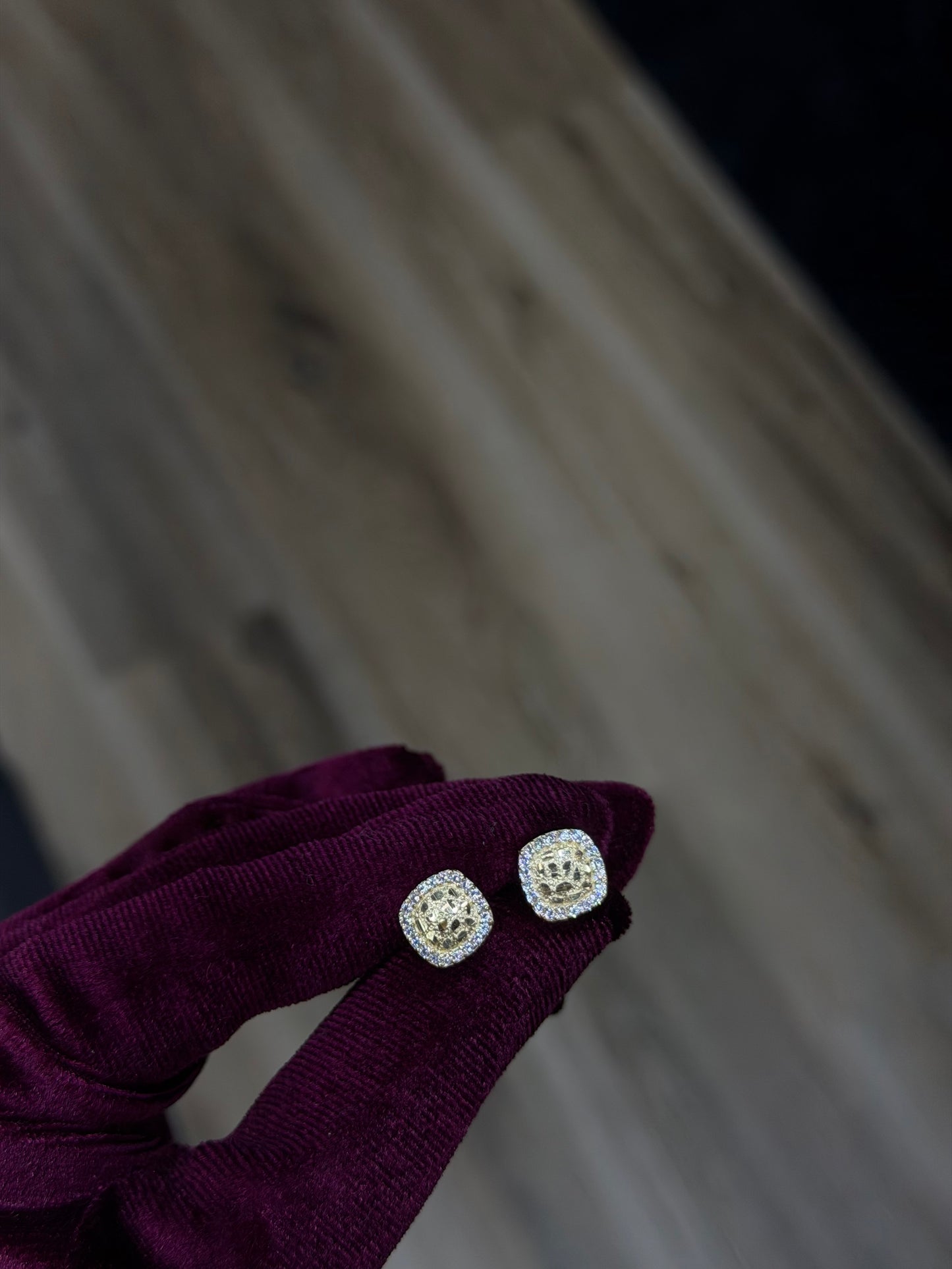 14K 10mm CZ Squared Nugget Earrings