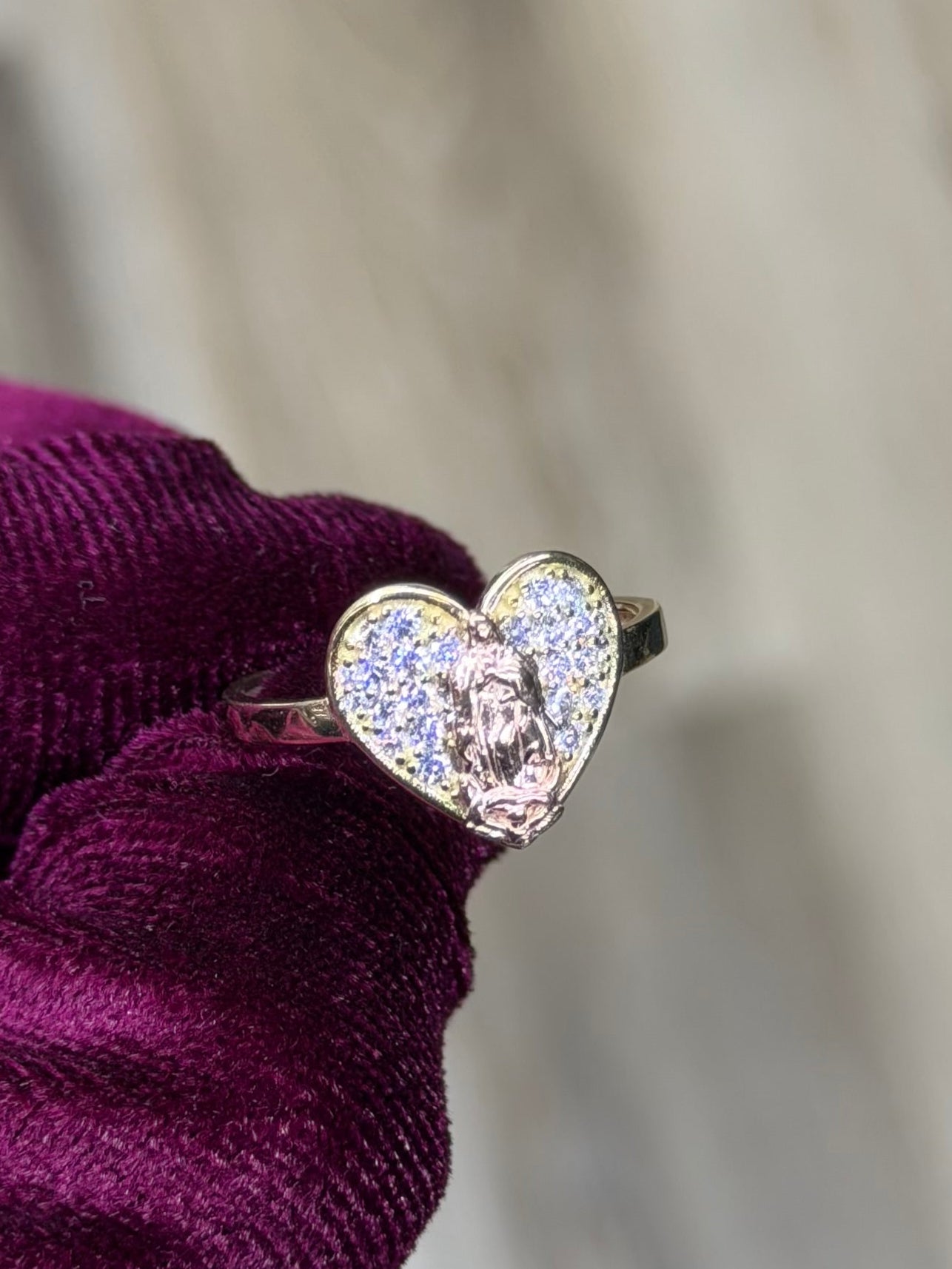 14K CZ Virgen de Guadalupe Heart Shaped Women Ring