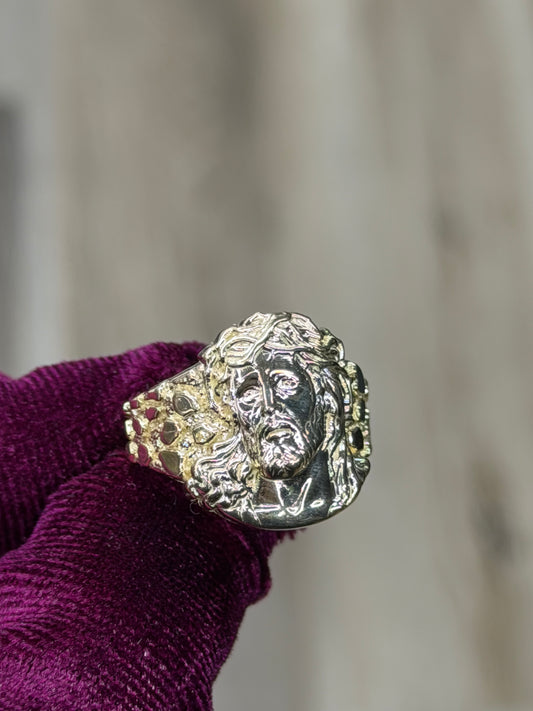 14K Jesus Face Nugget Men Ring