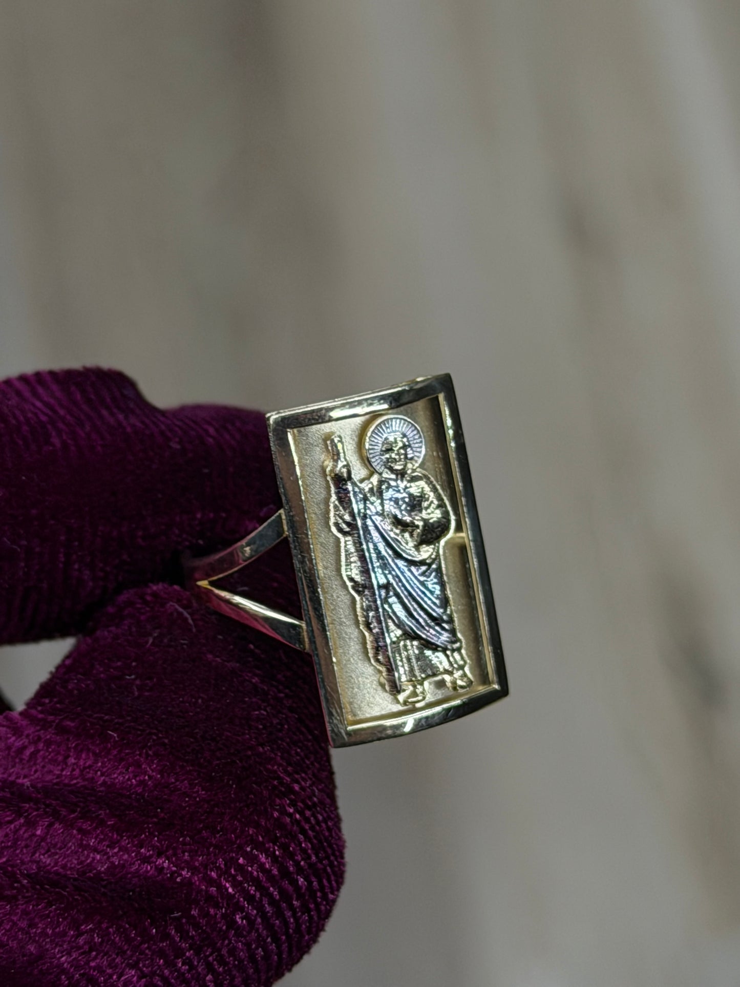 14K Two-Tone Rectangle San Judas Women Ring