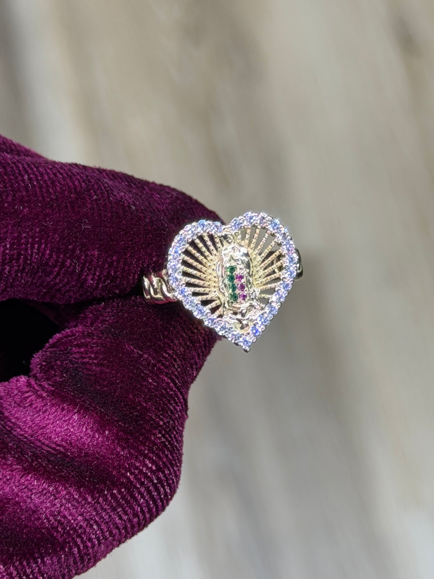 14K CZ Heart Virgen De Guadalupe Women Ring