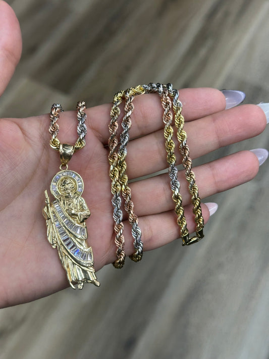 14K Emerald CZ San Judas Tricolor Rope Chain Set