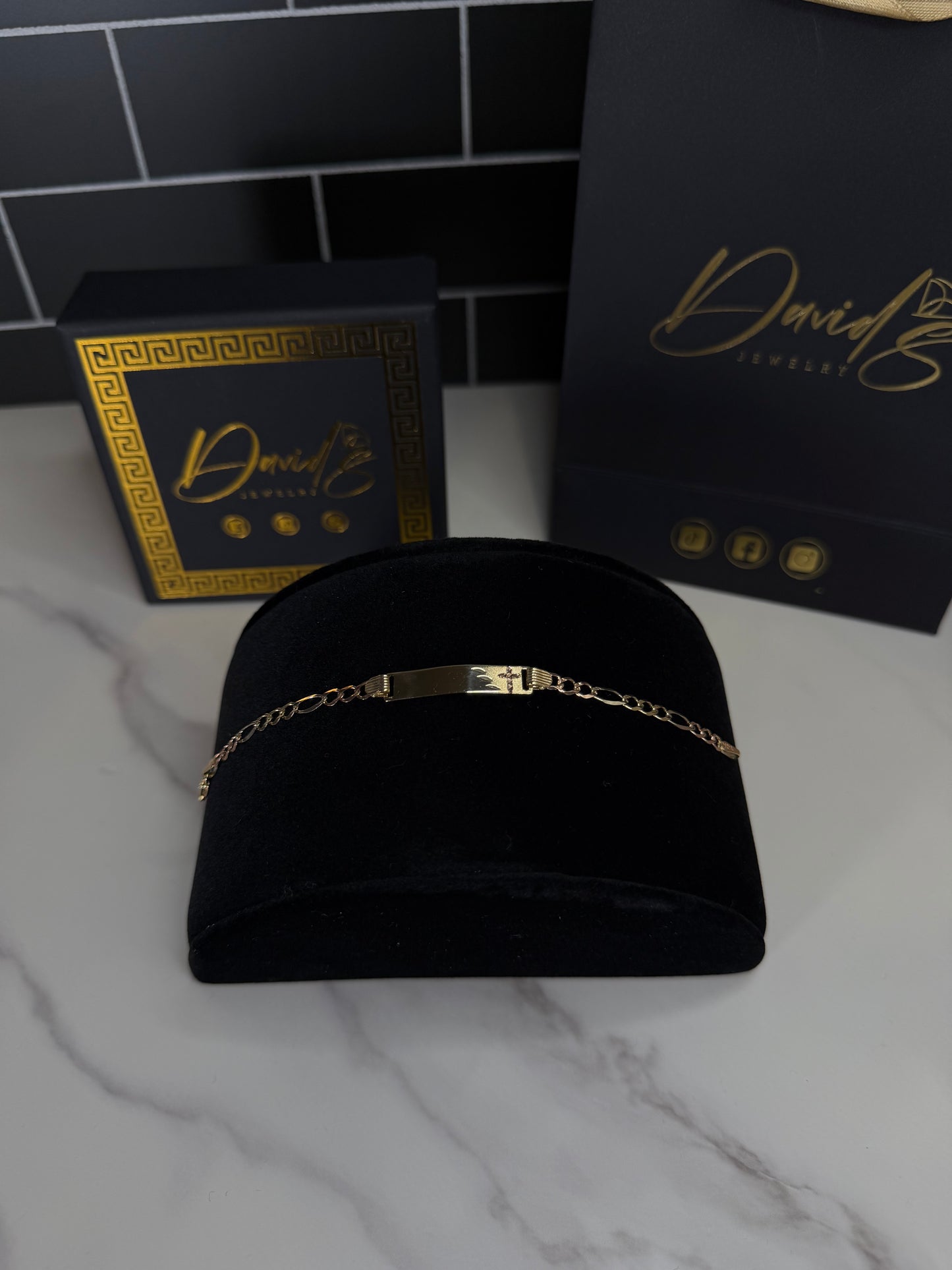 14K Tri-Color Figaro Cross ID Kid Bracelet