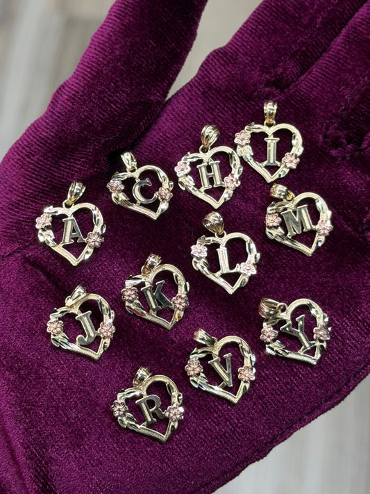 14K Two Tone Heart Initial Pendant