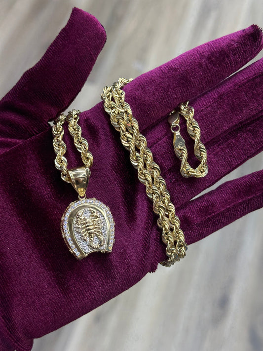 14K Hollow Rope Chain with 14k CZ Scorpion Pendant