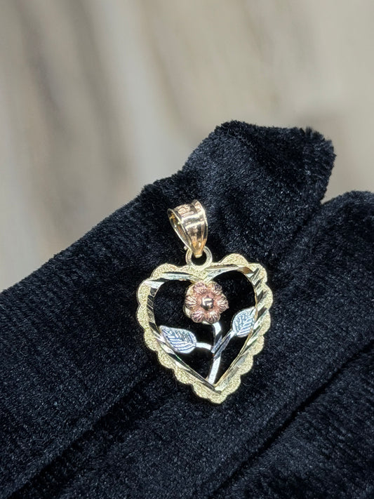 14K Tri-Color Heart with Rose Pendant