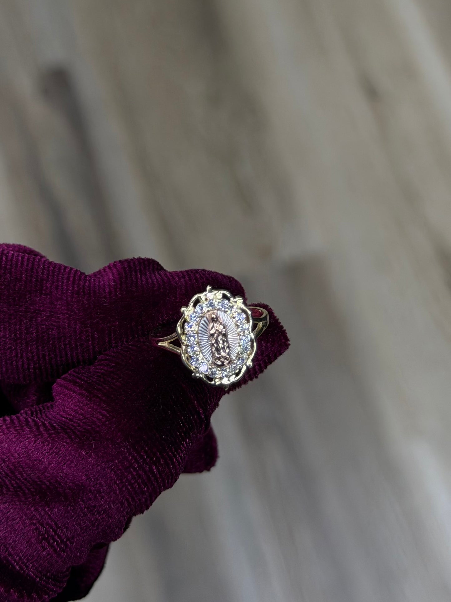 14K CZ Tri-Color Virgen de Guadalupe Oval Women Ring