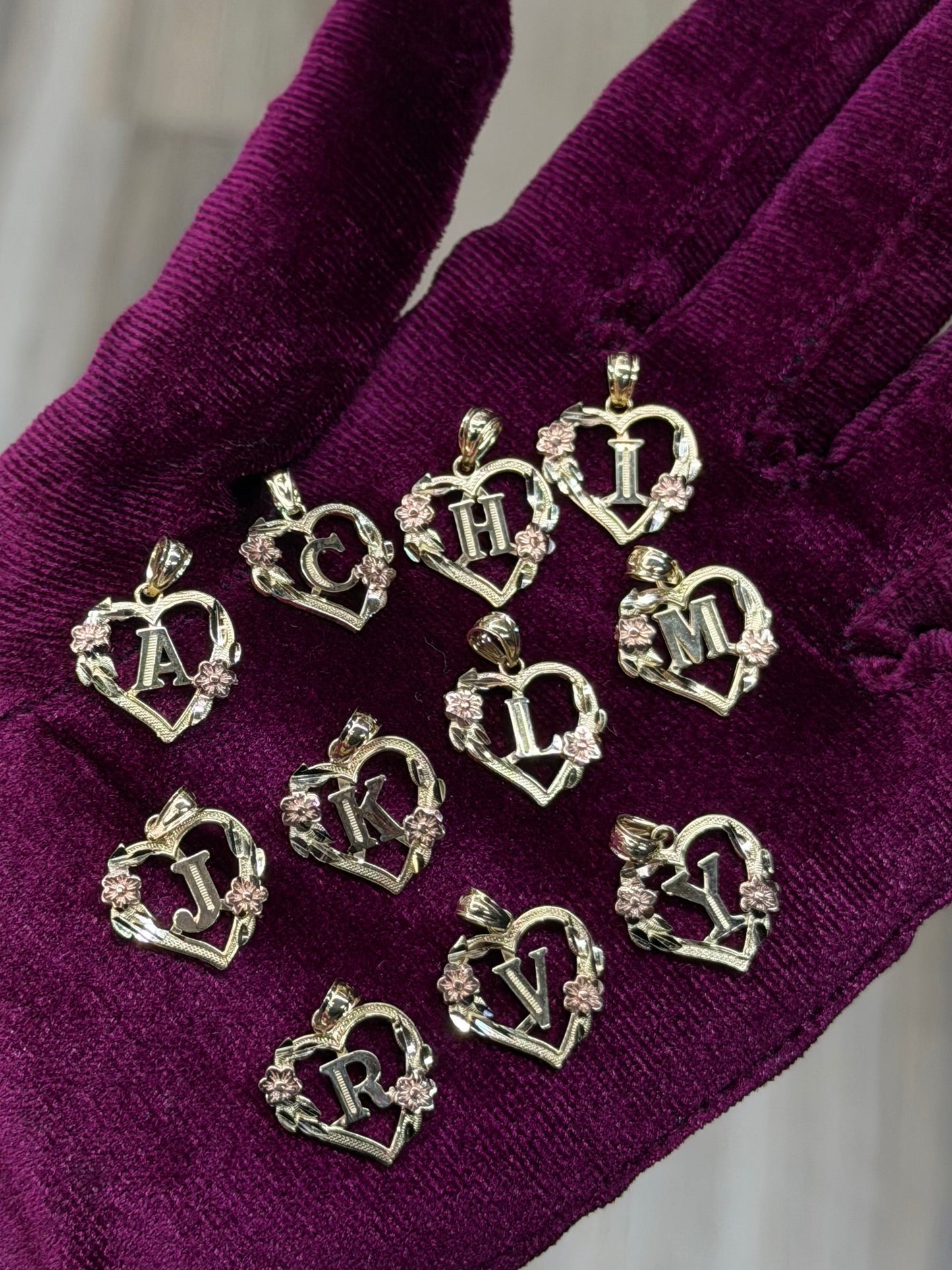 14K Two Tone Heart Initial Pendant