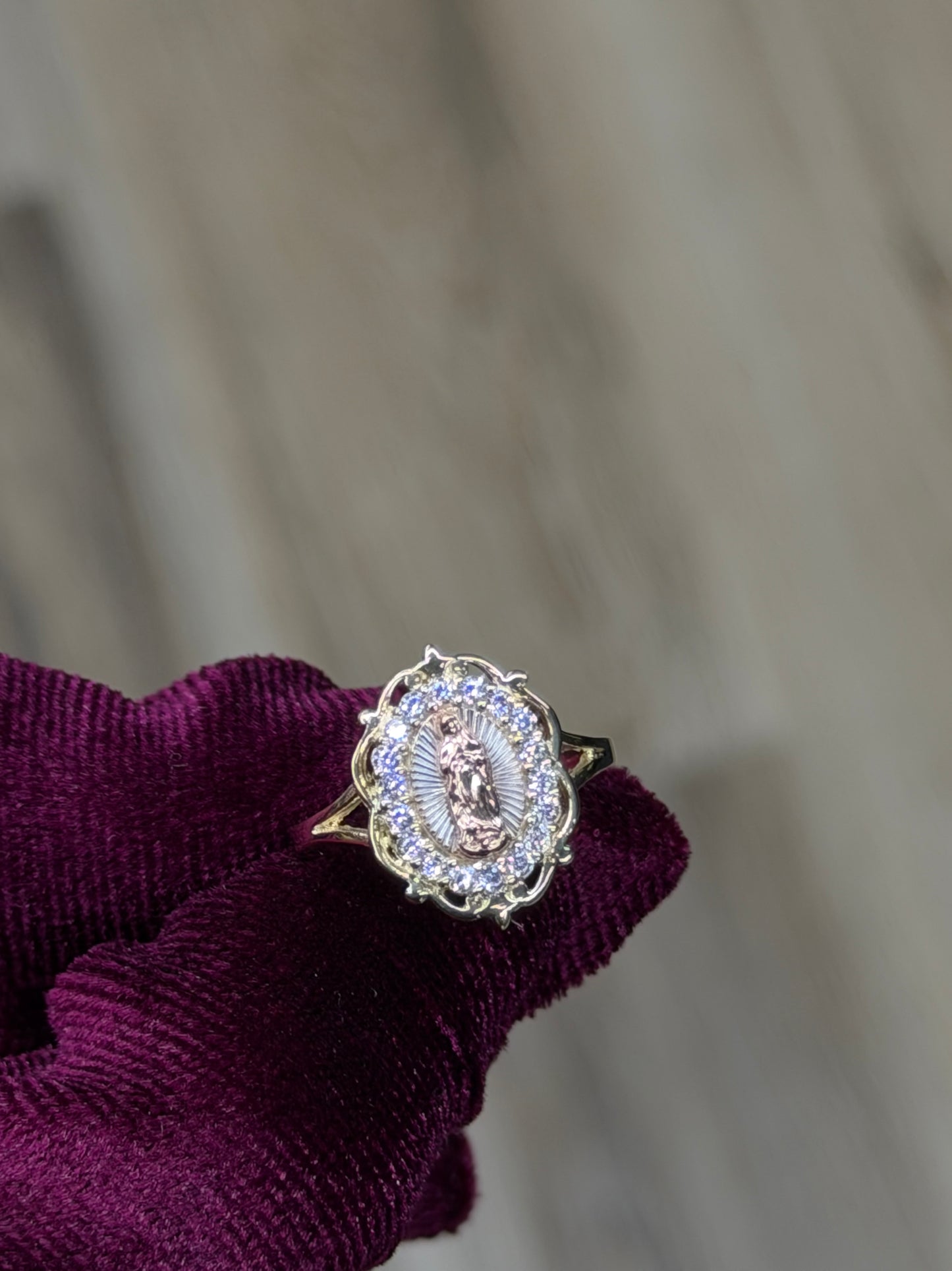 14K CZ Tri-Color Virgen de Guadalupe Oval Women Ring