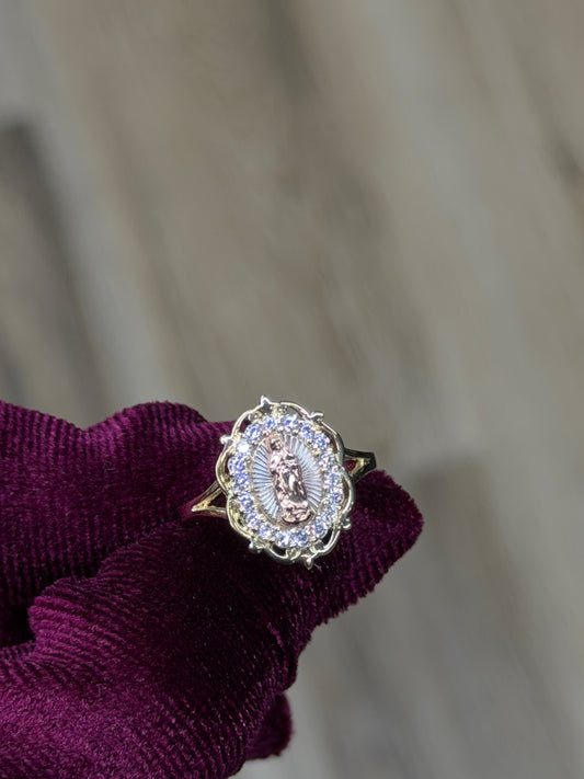 14K CZ Tri-Color Virgen de Guadalupe Oval Women Ring