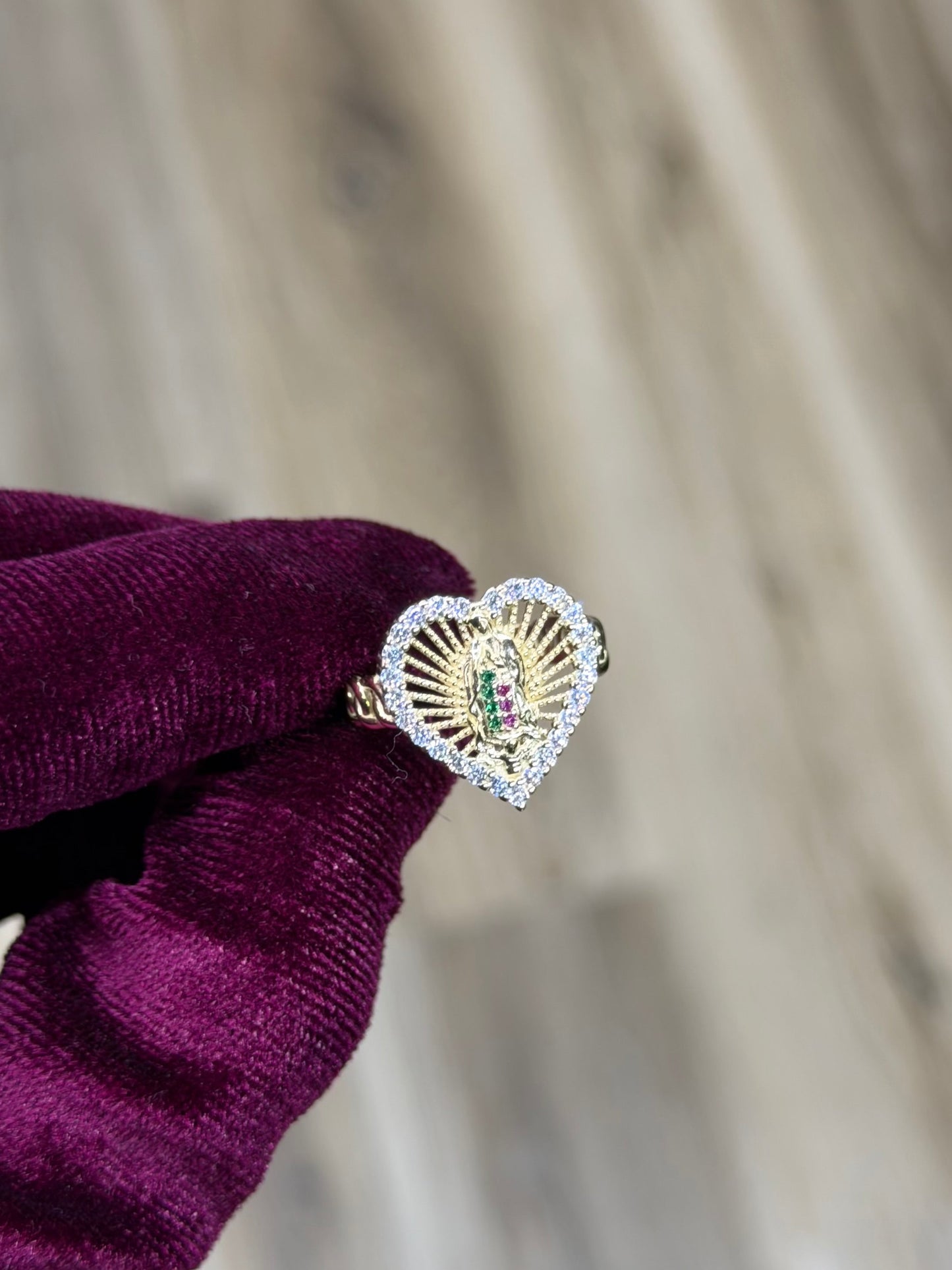 14K CZ Heart Virgen De Guadalupe Women Ring