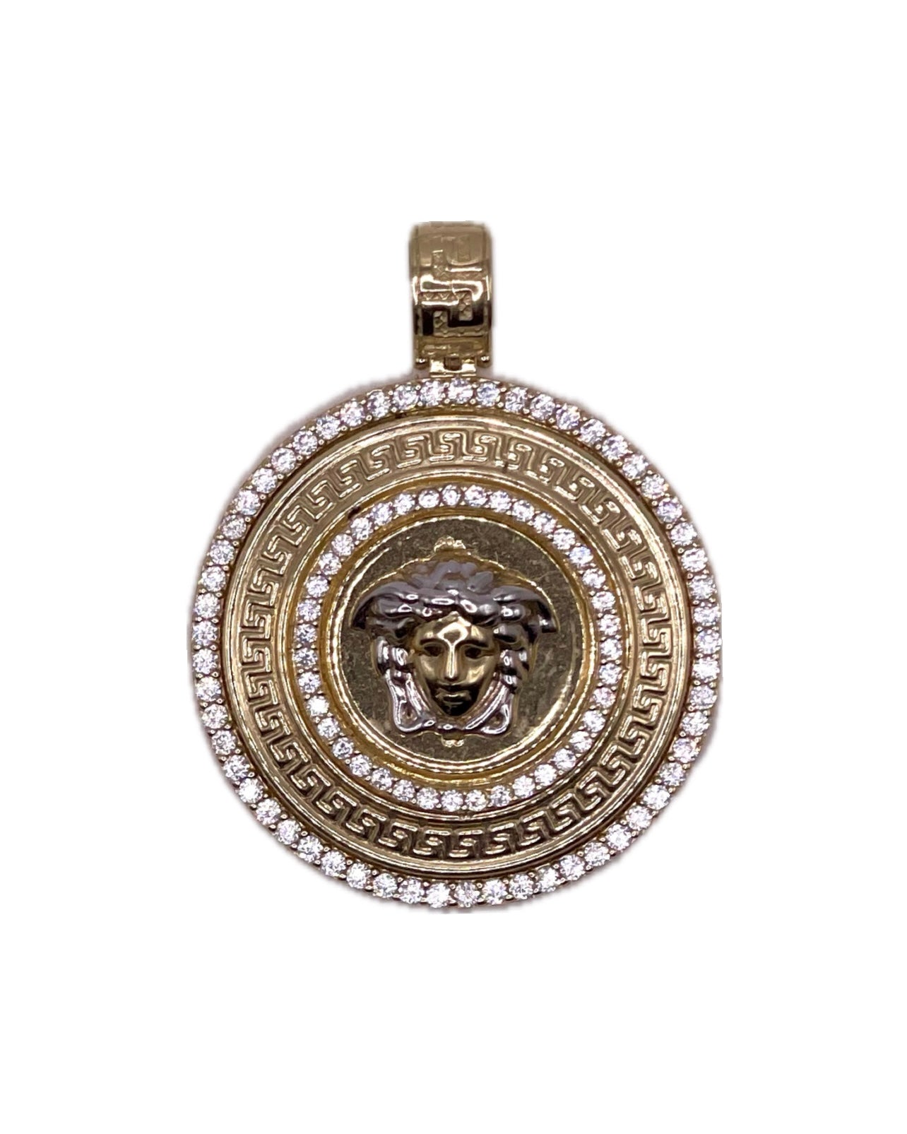 14K CZ Greek Key Medusa Circle Pendant