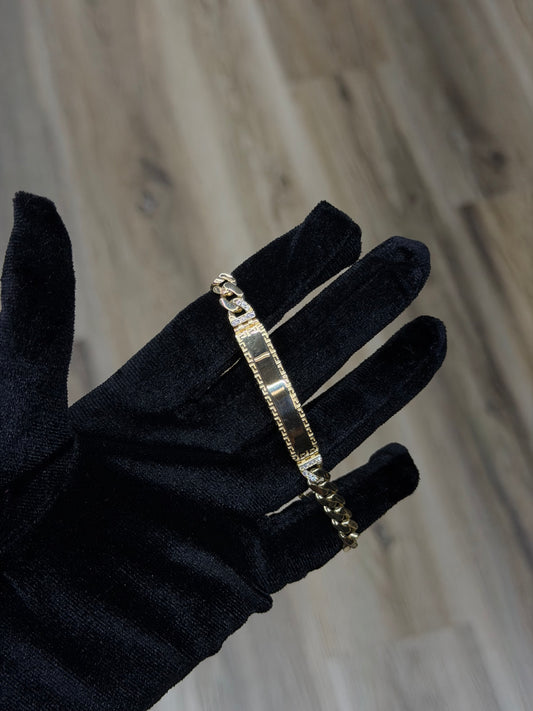 14K CZ Greek Key ID Cuban Bracelet