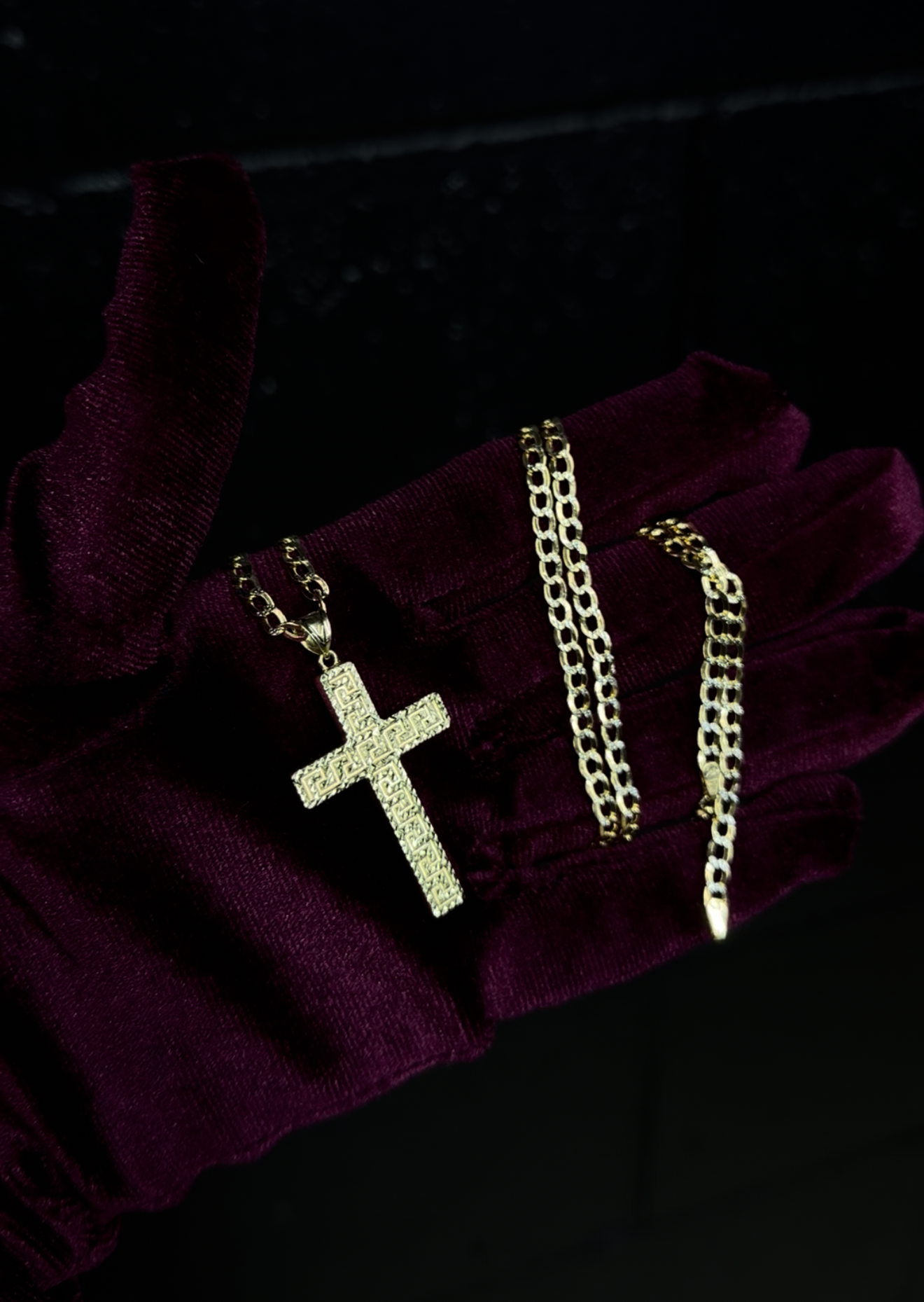 14K Diamond Cut Cuban Chain with 14k Greek Key Cross Pendant