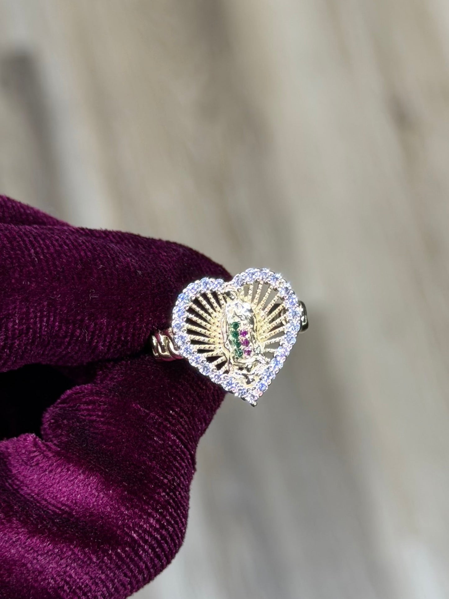14K CZ Heart Virgen De Guadalupe Women Ring