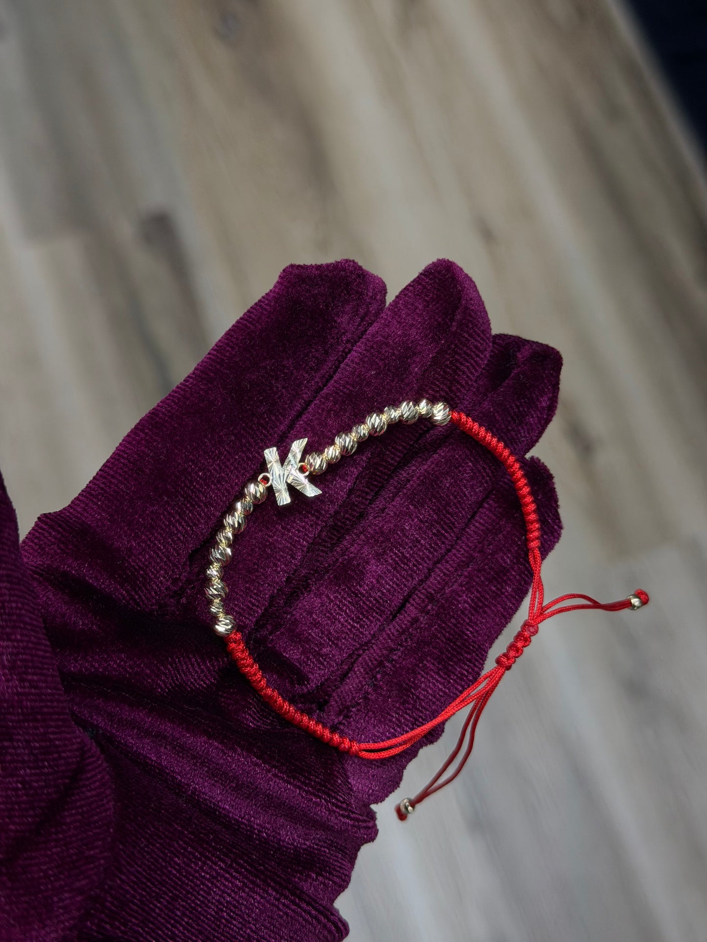 14K Red Beaded Initial Bracelet