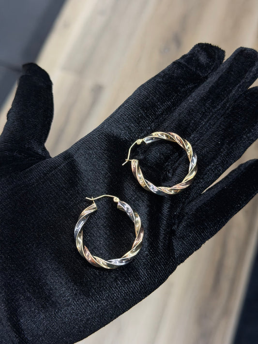14K Twist Tri-Color Hoop Earrings