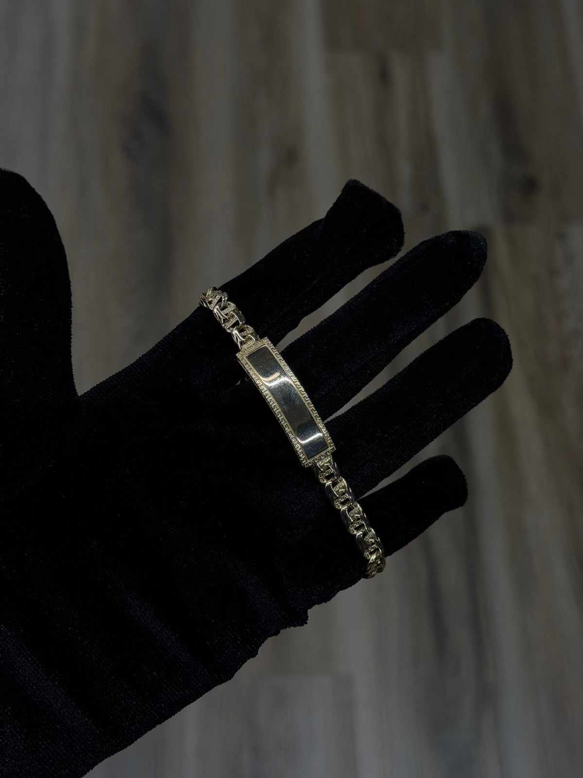 14K CZ Greek Key ID Chino Link Bracelet