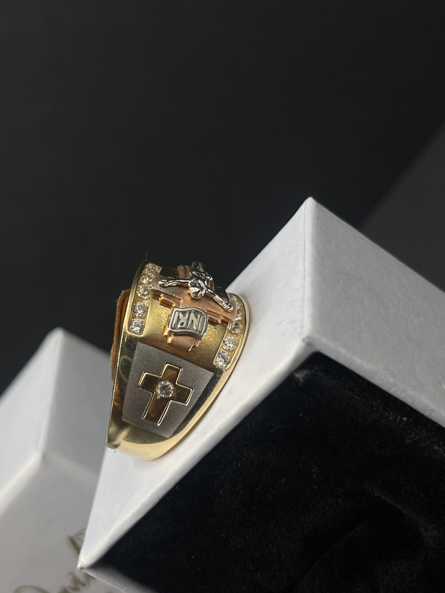 14K CZ Tri-Color Crucifix Ring