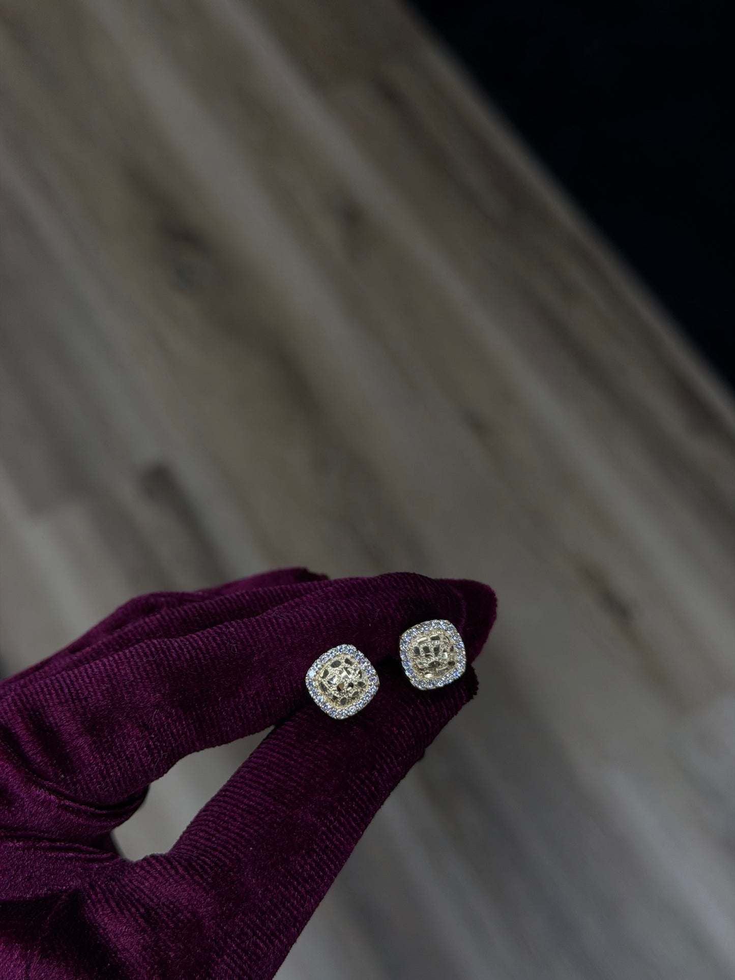 14K 10mm CZ Squared Nugget Earrings