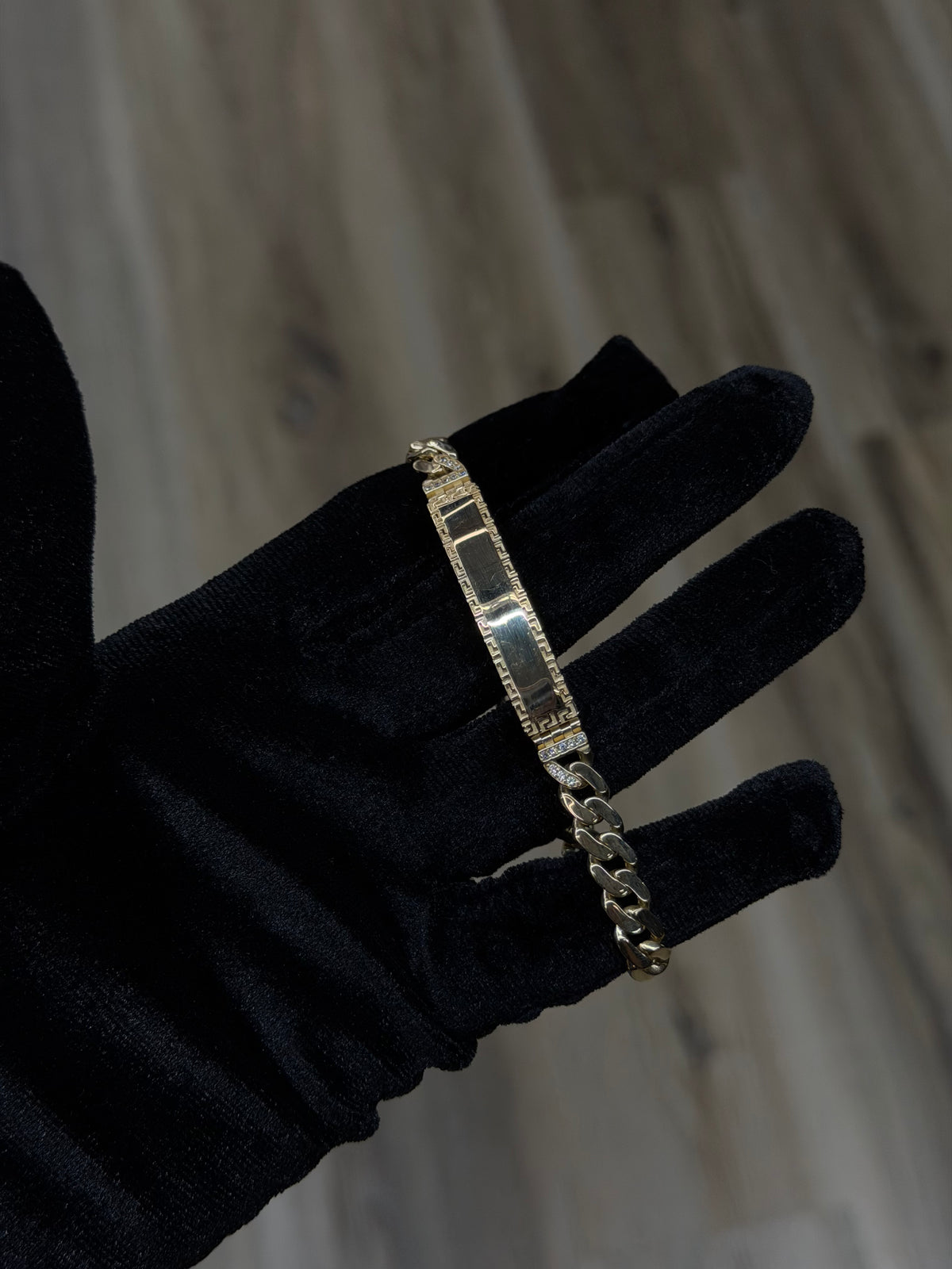 14K CZ Greek Key ID Cuban Bracelet