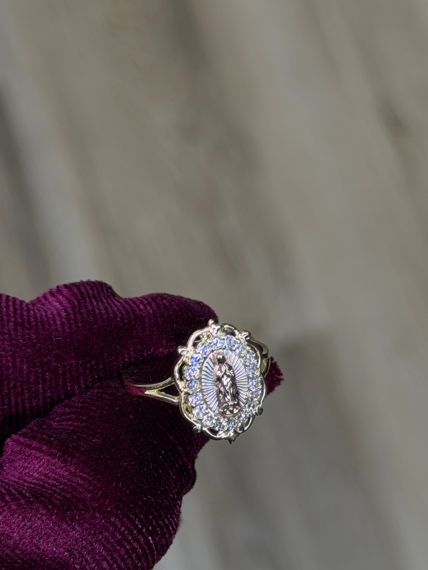 14K CZ Tri-Color Virgen de Guadalupe Oval Women Ring