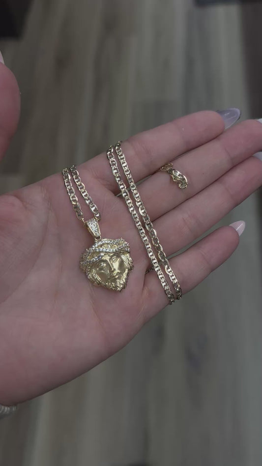 14k CZ Jesus Face Chain Set